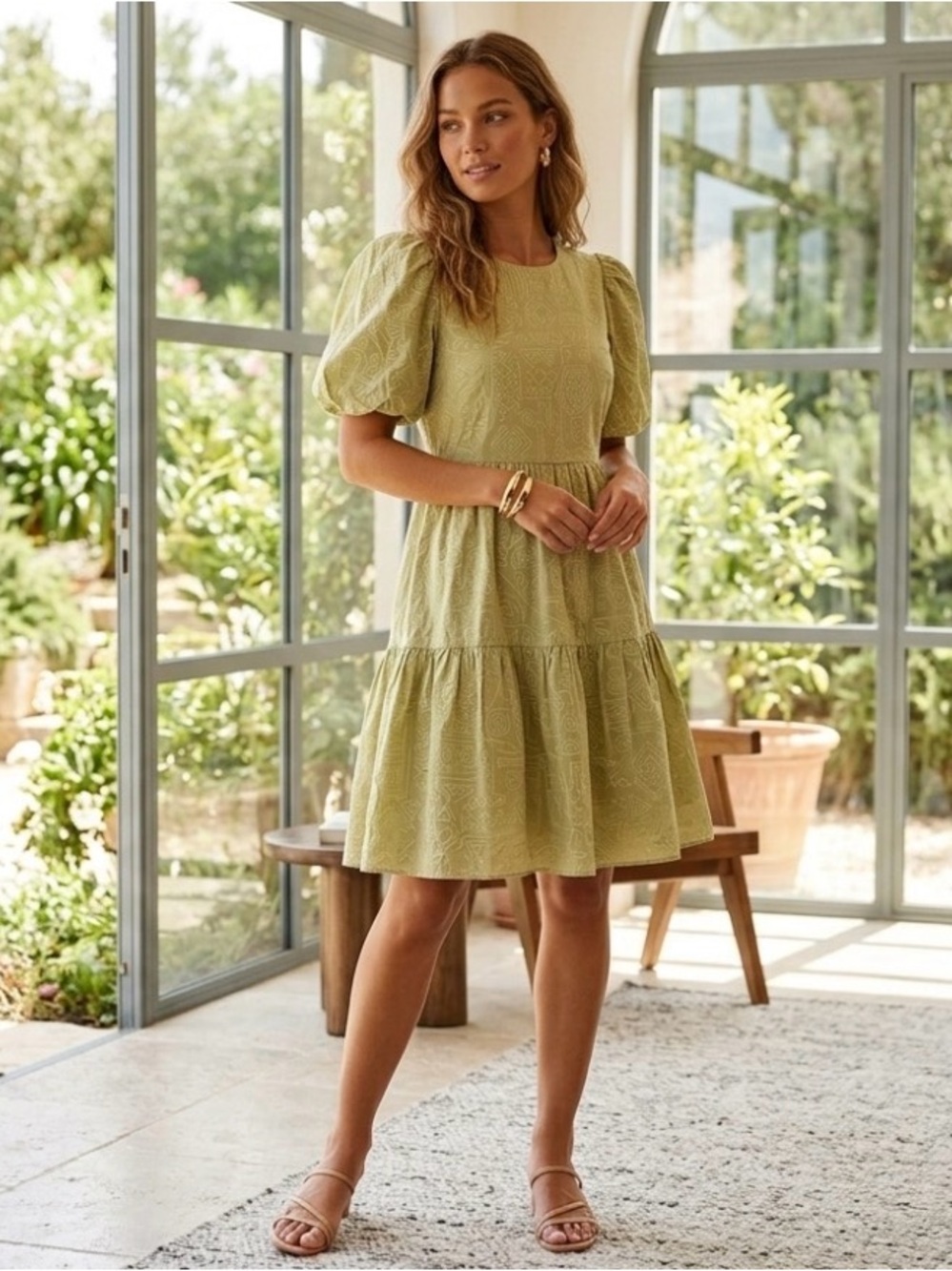 Women’s Puff Sleeve Tiered Dress in Olive Green